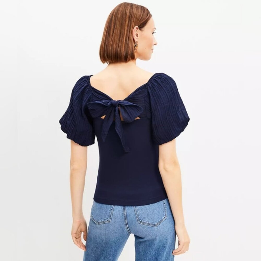 LOFT Tie Back Bubble Sleeve Mixed Media Square Neck Navy Top Sezane -style top